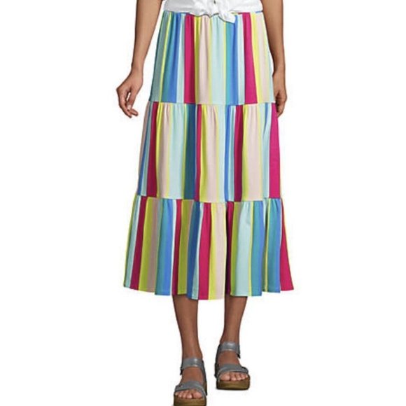 NWT Lands End Women Hi Rise Pull On Tiered Midi Skirt Rainbow Size L $75 FFF259 - Picture 2 of 2